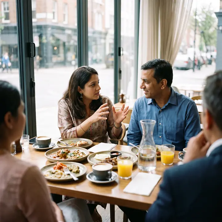 Two people in conversation across a lunch table by a window